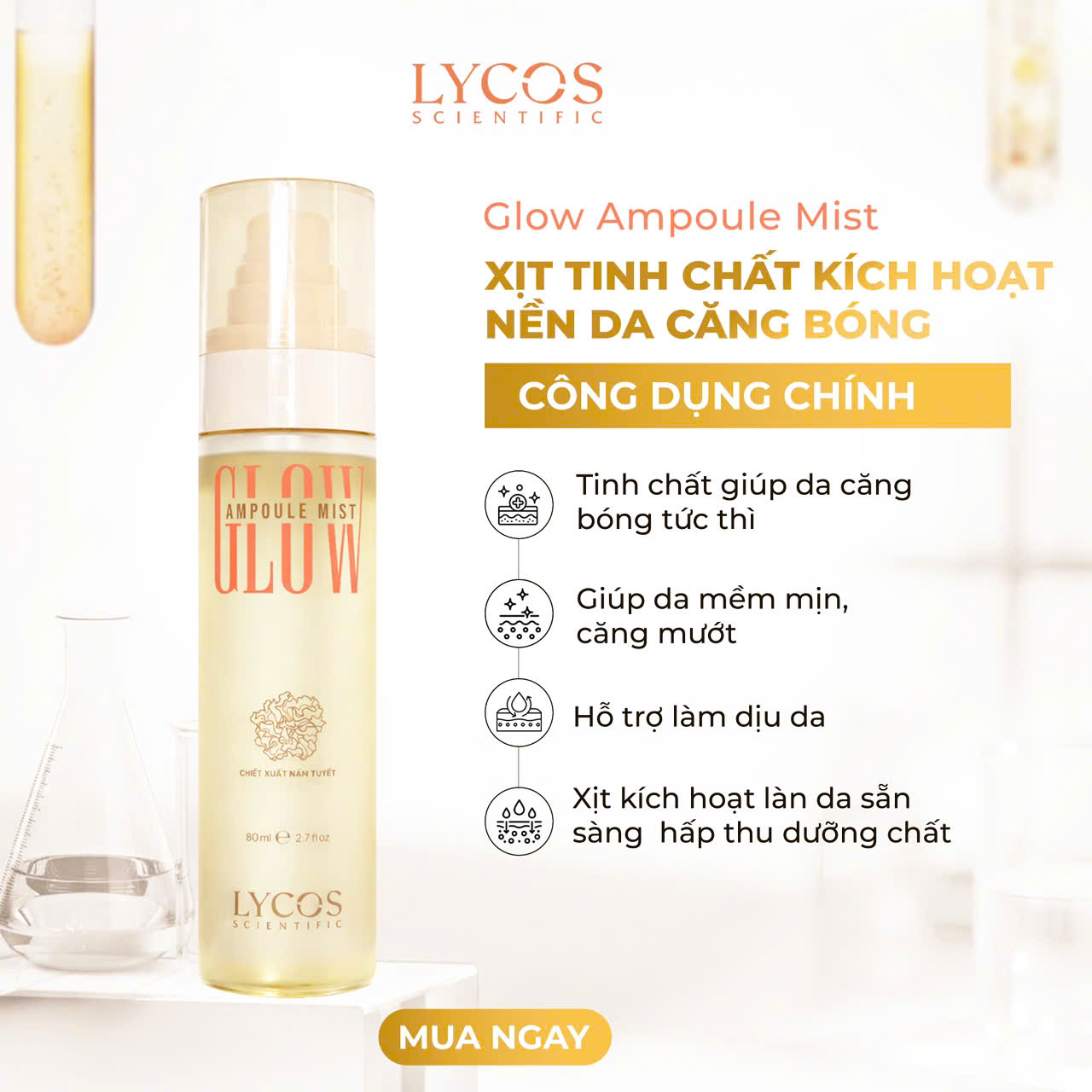 Xịt Cấp ẩm Lycos Scientific Glow Ampoule Mist 80ml Xịt Dưỡng Căng Bóng Chiết Xuất Nấm Tuyết,Cấp Ẩm Mướt tức thì