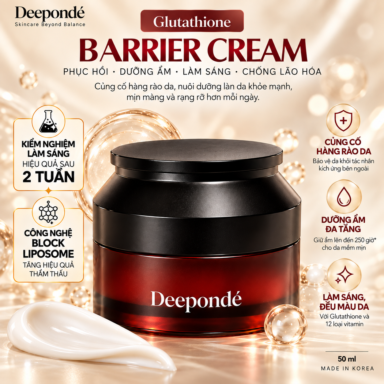 Kem Dưỡng Trắng Da, Phục Hồi, Trẻ Hoá Deepondé Glutathione Barrier Cream 50ml – Kem Dưỡng Glutathione Deeponde 1000ppm