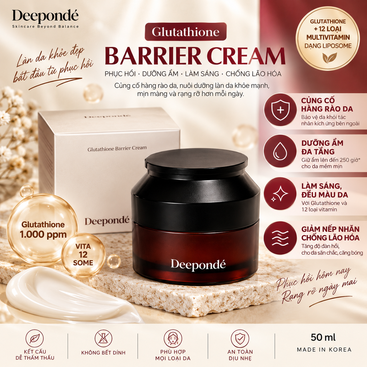 Kem Dưỡng Trắng Da, Phục Hồi, Trẻ Hoá Deepondé Glutathione Barrier Cream 50ml – Kem Dưỡng Glutathione Deeponde 1000ppm