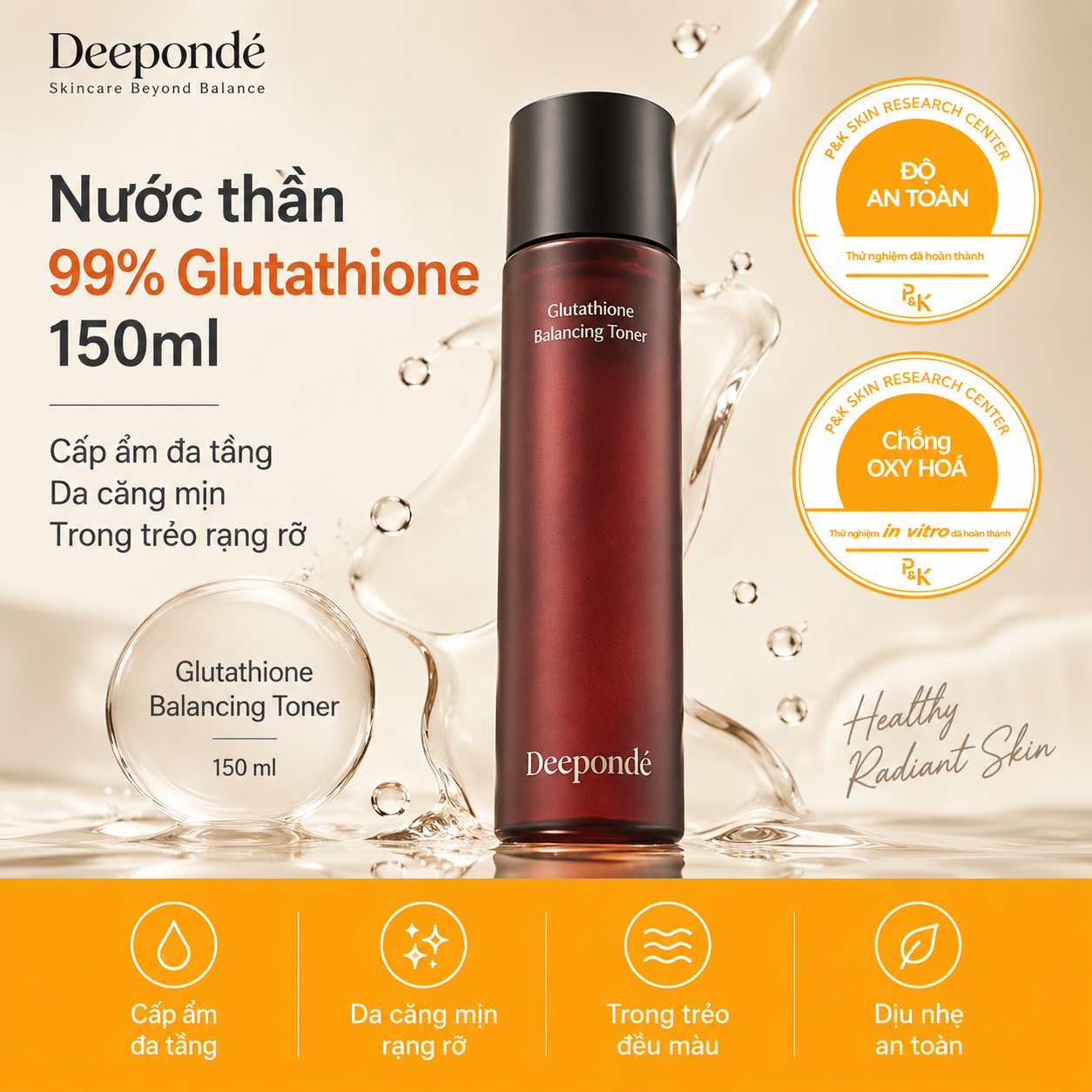Bộ 2 Dưỡng Trắng Phục Hồi Trẻ Hóa, Thu Nhỏ LCL Deepondé Glutathione Cream + Toner nước thần cấp ẩm đa tầng Deeponde