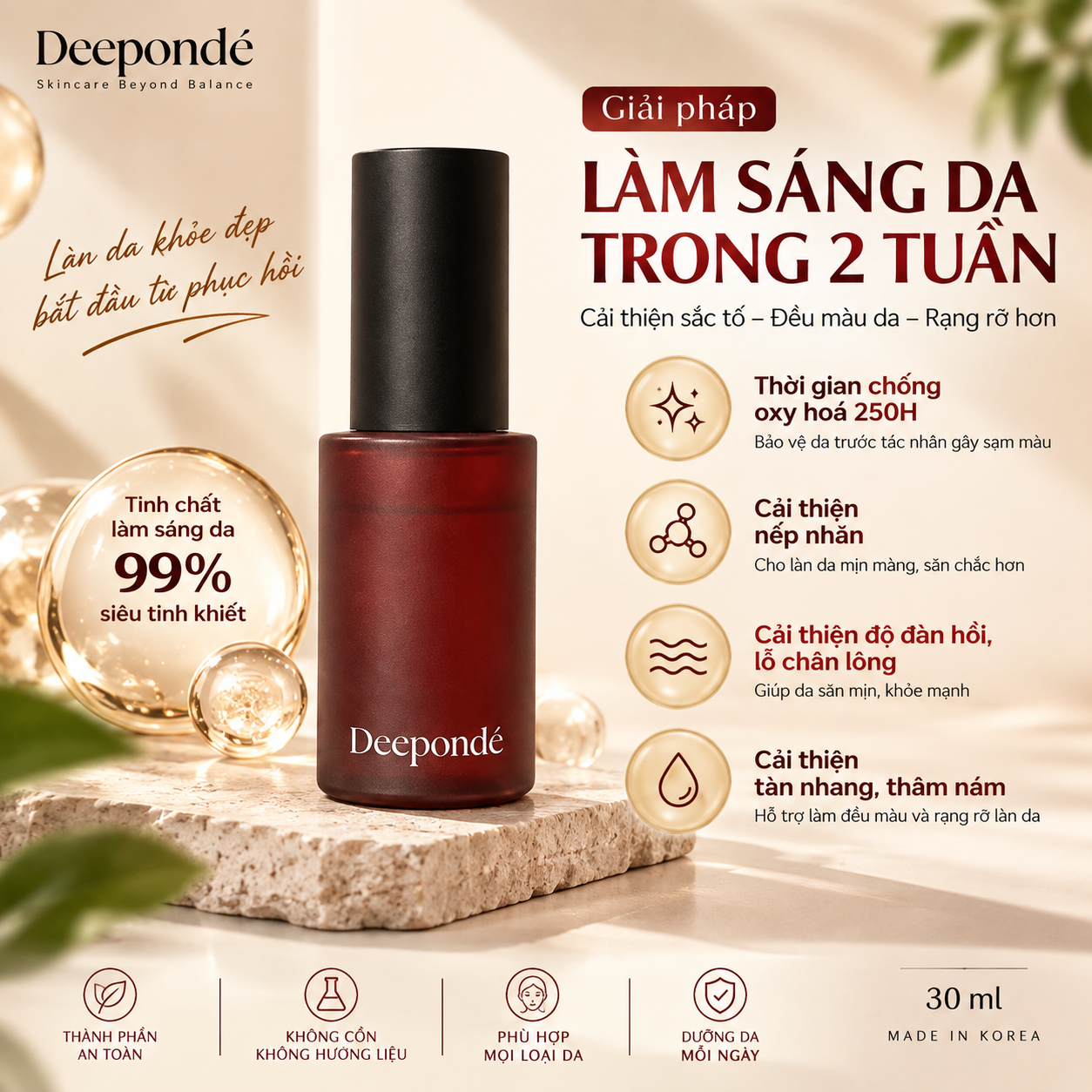 Bộ 2 Dưỡng Trắng Phục Hồi Trẻ Hóa, Thu Nhỏ LCL Deepondé Glutathione Cream + Serum Ampoule Deeponde