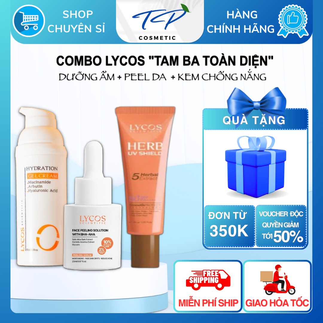 Combo TAM BA TOÀN DIỆN Lycos: Tinh Chất Peel Lycos – Gel Cấp Ẩm Lycos – Kem Chống Nắng LYCOS