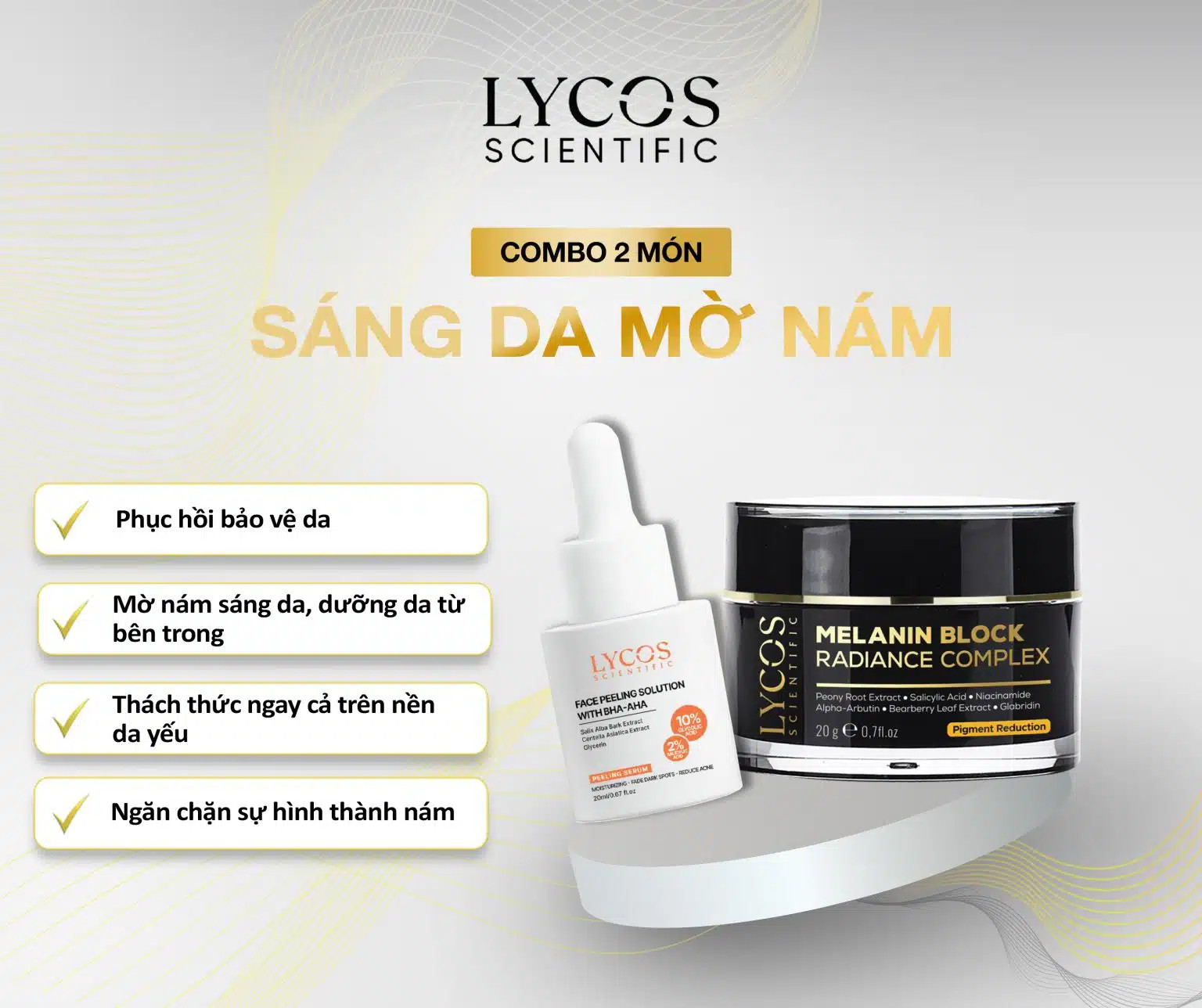 Combo Sáng Da Mờ Nám Lycos : Tinh chất Peel Da Lycos + Kem Nám Đêm Lycos - Xóa nhăn, nám tàn nhang