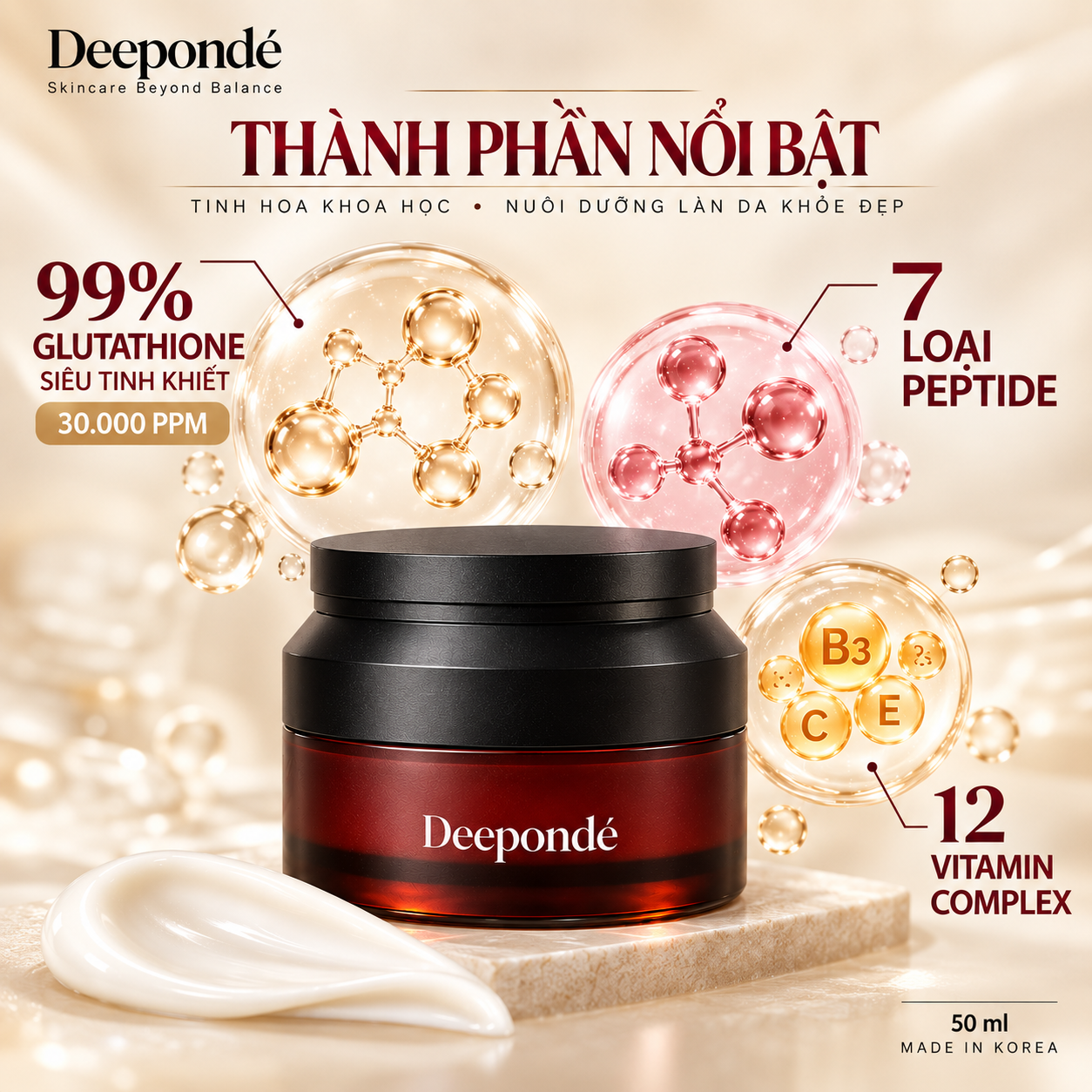 Kem Dưỡng Trắng Da, Phục Hồi, Trẻ Hoá Deepondé Glutathione Barrier Cream 50ml – Kem Dưỡng Glutathione Deeponde 1000ppm