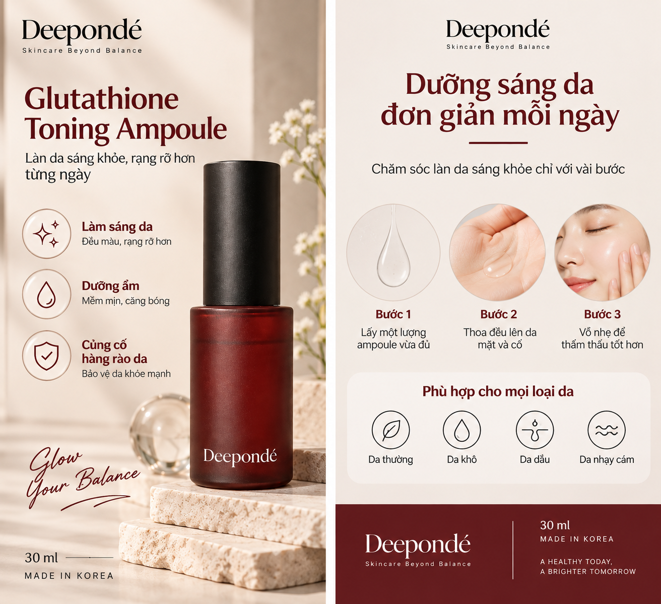 Bộ 2 Dưỡng Trắng Phục Hồi Trẻ Hóa, Thu Nhỏ LCL Deepondé Glutathione Cream + Serum Ampoule Deeponde