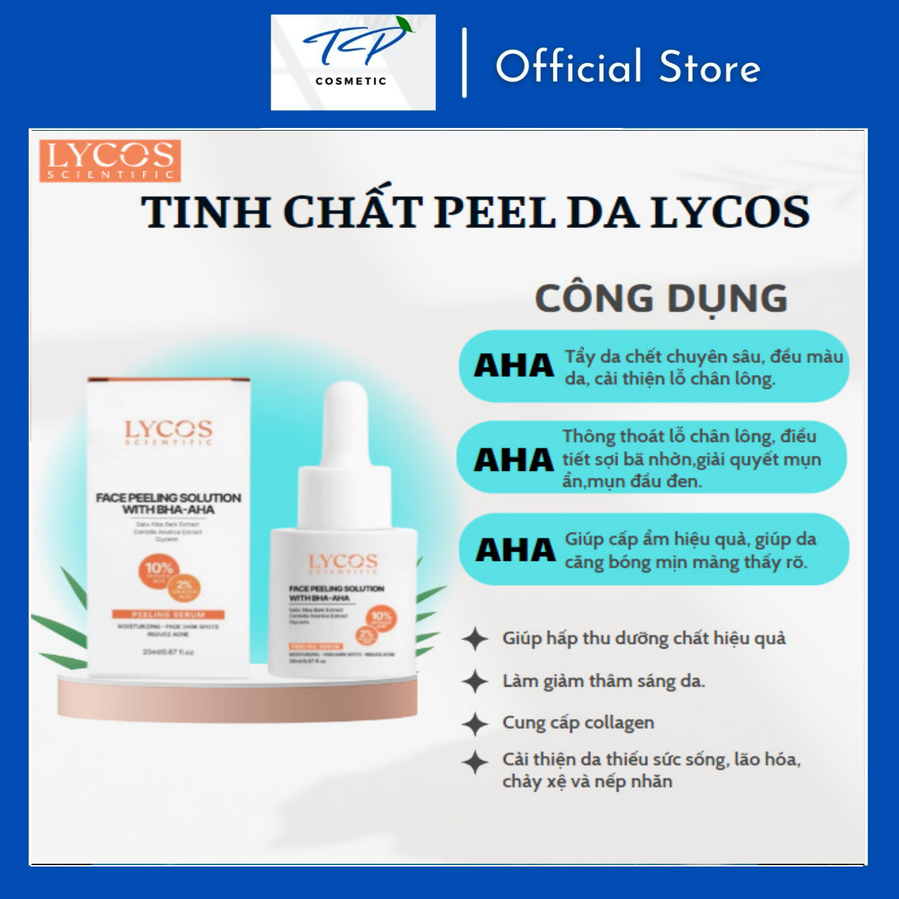 Tinh chất Peel Da Sinh Học Lycos - Lycos Face Peeling solution 10%AHA và 2%BHA : không bong tróc, lột tẩy