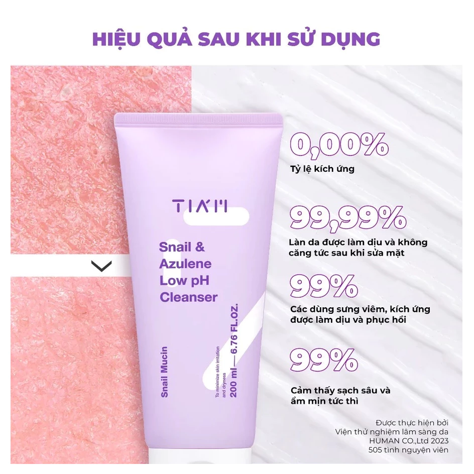 Sữa Rửa Mặt Ốc Sên TIAM Snail & Azulene Low pH Cleanser 200ml, Sữa rửa mặt cấp ẩm sâu, không khô da
