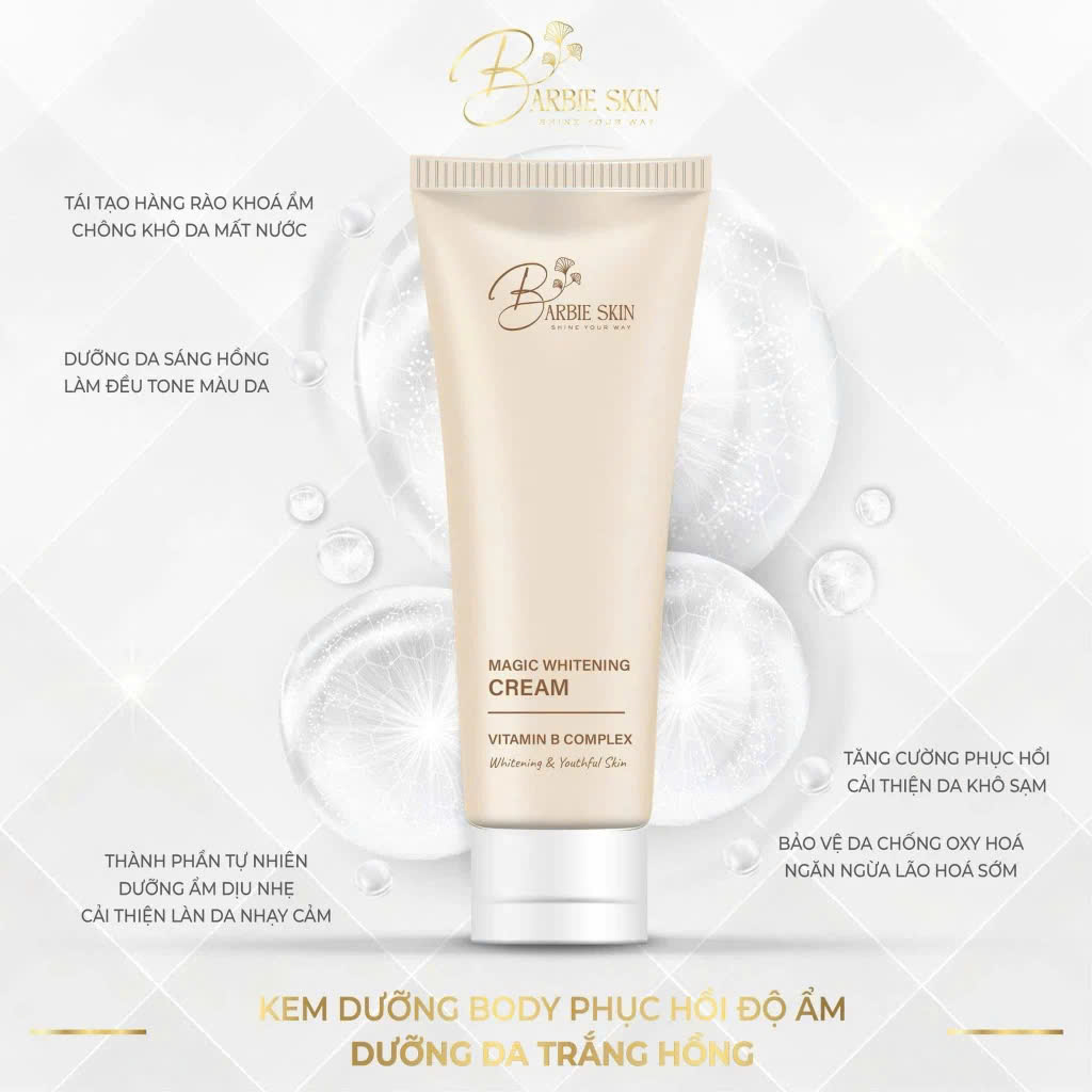 Kem Dưỡng Trắng Da Cao cấp Body Barbie Skin 150g + Body oil dưỡng ẩm chuyên sâu 50ml:Dưỡng trắng mịn