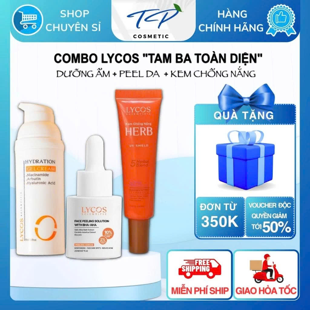 Combo TAM BA TOÀN DIỆN Lycos: Tinh Chất Peel Lycos – Gel Cấp Ẩm Lycos – Kem Chống Nắng LYCOS