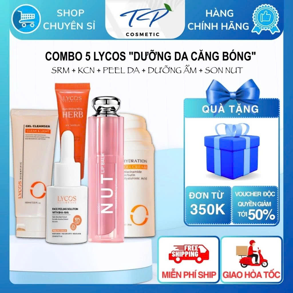 Combo Hỗ trợ giảm Mụn Lycos (Gel Rửa Mặt – Kem Chống Nắng – Tinh Chất Peeling – Gel Cấp Ẩm – Son)