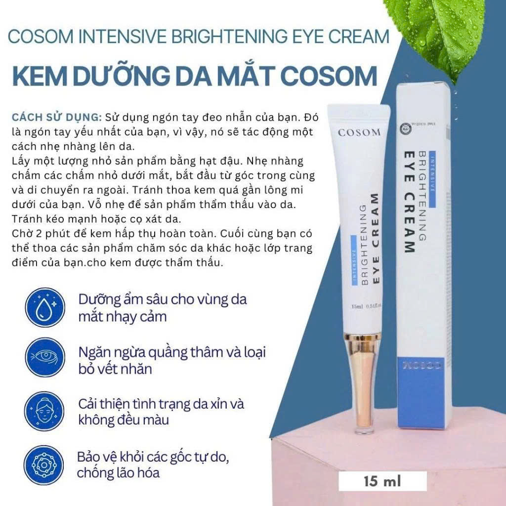 Kem Dưỡng Da Mắt COSOM INTENSIVE BRIGHTENING EYE CREAM (15ml) : giảm nhăn, thâm quầng, bọng mắt