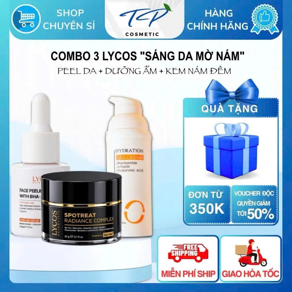 Combo 3 - Sáng Da Mờ Nám Lycos : Tinh chất Peel Da Lycos + Kem Nám Đêm Lycos + Dưỡng ẩm Lycos