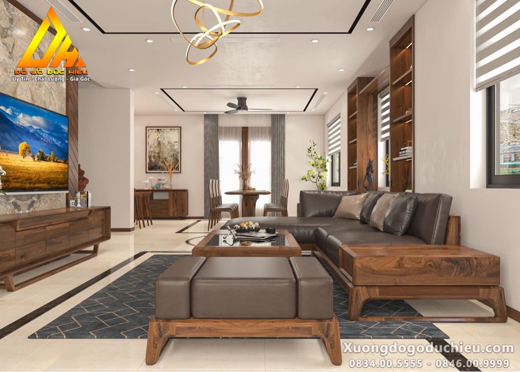 Combo phòng khách + bếp gỗ óc chó