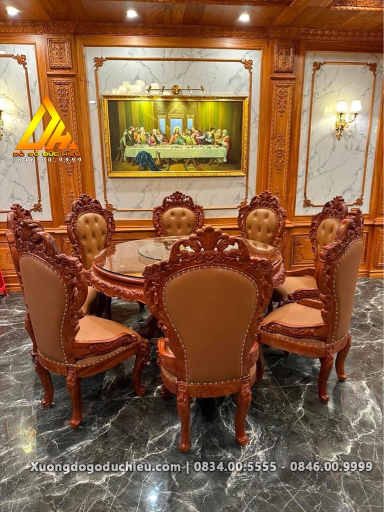 Bàn Ăn Tròn 8 Ghế bọc đệm Luxury