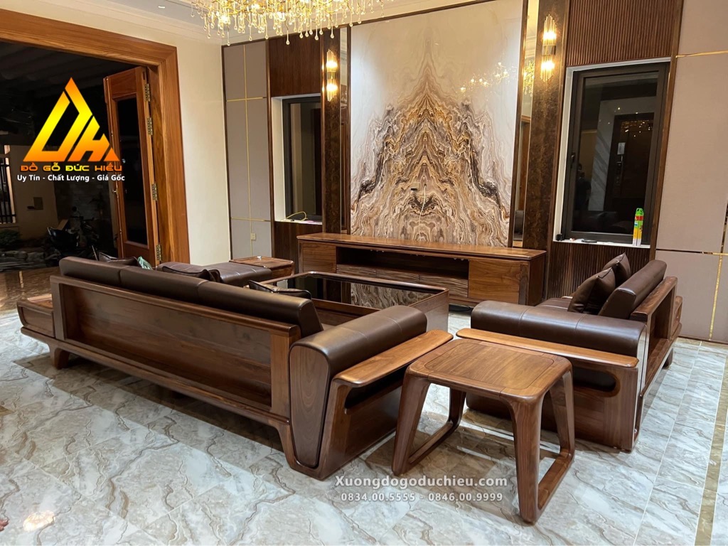 Combo Sofa Kệ Tivi Vách gỗ Óc Chó