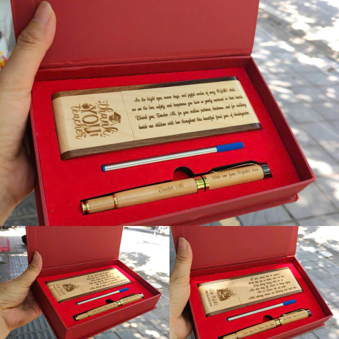 Set hộp bút gỗ khắc laser theo yêu cầu