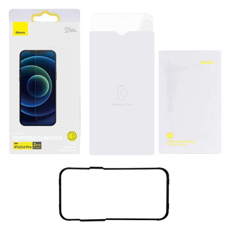 Bộ 2 Kính Cường Lực Baseus Crystal Cho iP12 | Full Màn Hình, Kèm Khung Tự Dán
