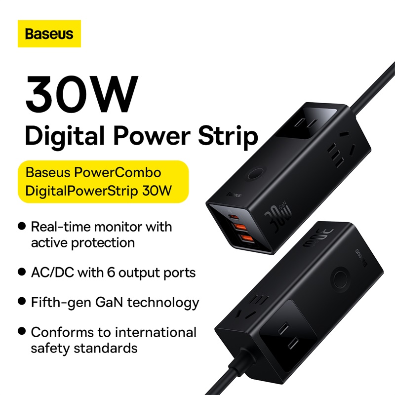 Trạm Sạc GaN Baseus PowerCombo 30W | 3AC + 2USB + Type-C, Công Nghệ GaN5 Hiện Đại