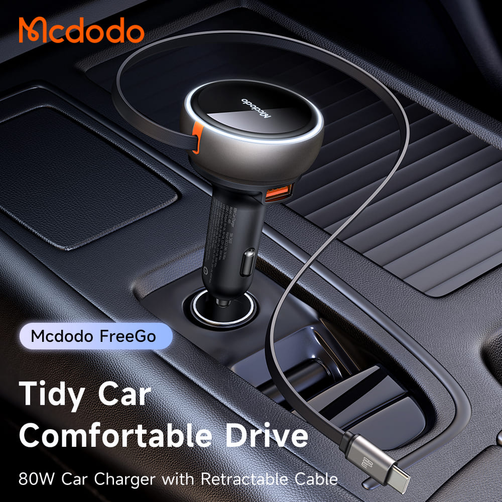 Tẩu Sạc Mcdodo FreeGo 80W Kèm Cáp Rút | 3 Cổng Sạc Gồm Type-C + USB và Cáp Type-C