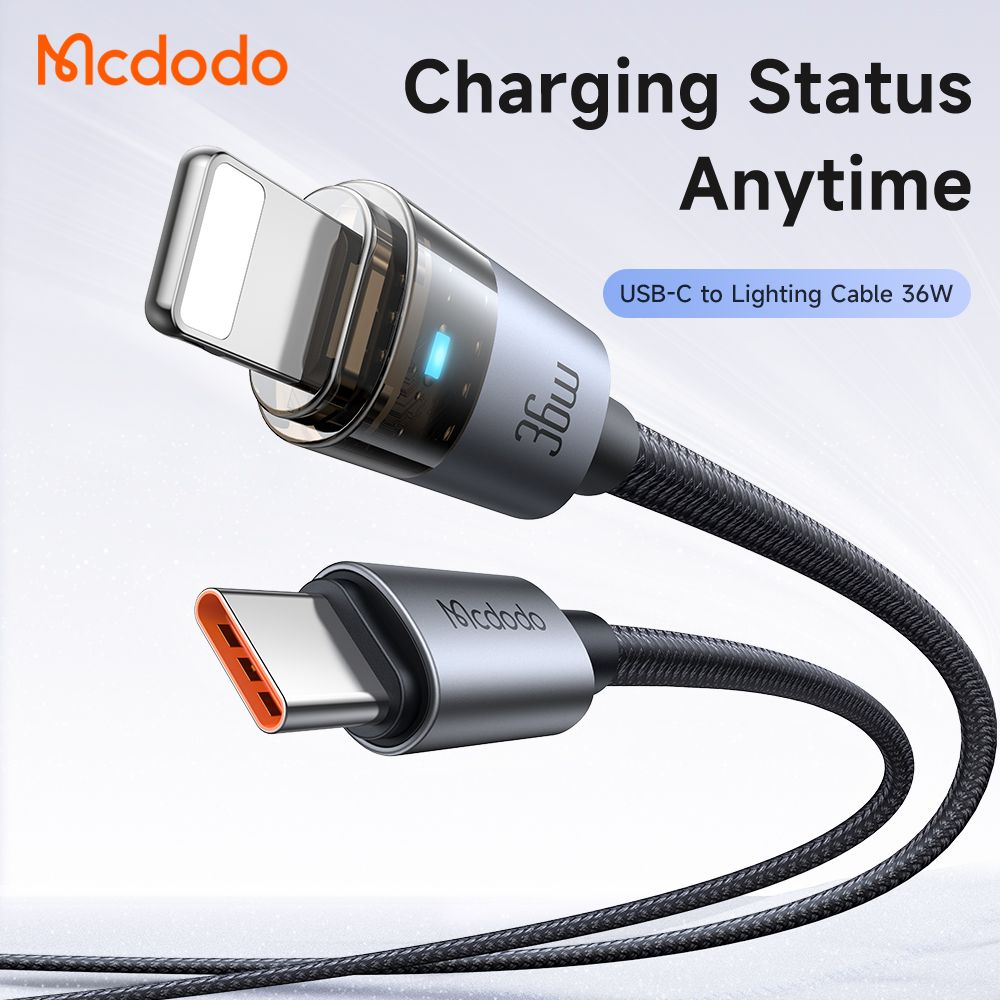 Cáp Sạc Nhanh Mcdodo 36W PD Type-C to Ln | Thiết Kế Trong Suốt, Có Đèn LED