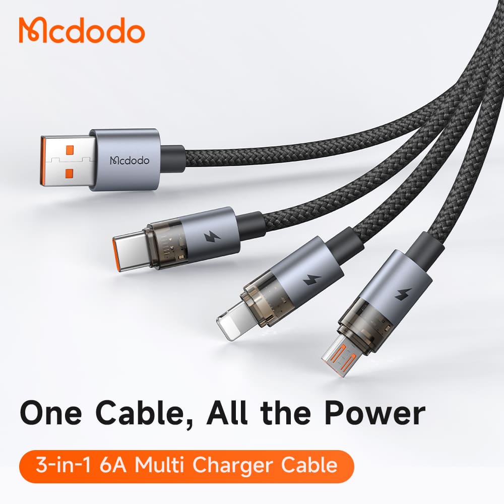 Cáp Sạc Nhanh Mcdodo USB to M+L+C 3-in-1 6A Transparent Cable with Charging Light