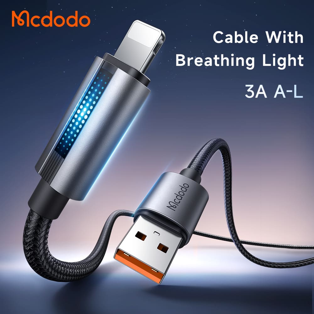Cáp Sạc Mcdodo USB to Ln 3A | Có Đèn LED "Hơi Thở" Báo Sạc Độc Đáo, Dây Dù, Vỏ Hợp Kim