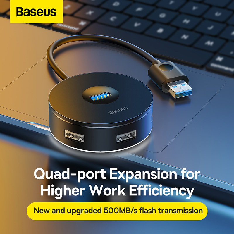 Bộ Chia USB Baseus Airjoy 4 trong 1 Thiết Kế Tròn Nhỏ Gọn, Hỗ Trợ USB 3.0 Tốc Độ Cao