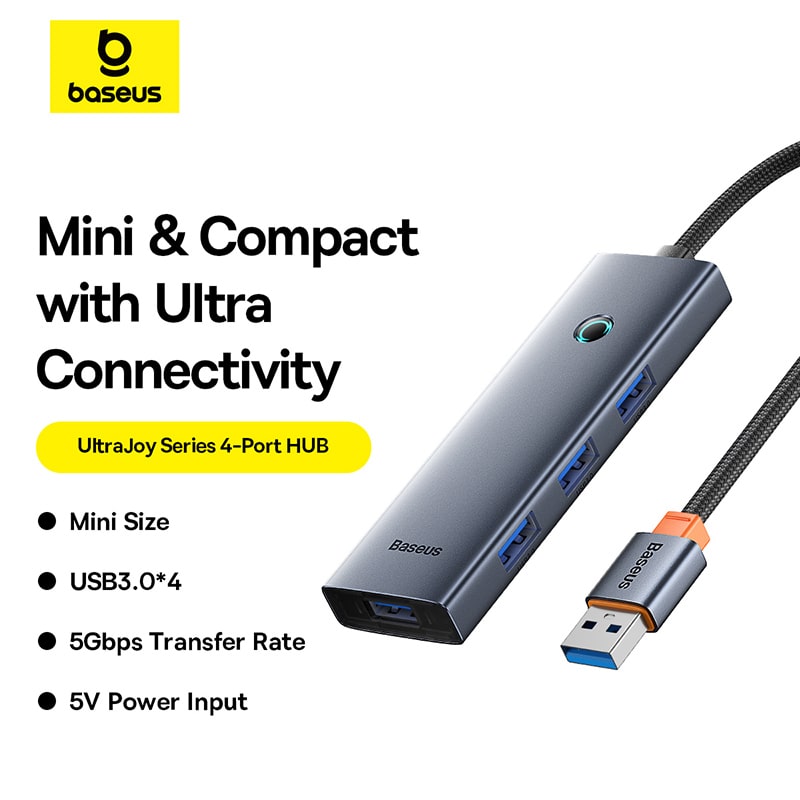 Hub Chia Cổng Baseus UltraJoy 4 Cổng USB 3.0 | Tốc Độ 5Gbps, Hỗ Trợ Nguồn Phụ Type-C