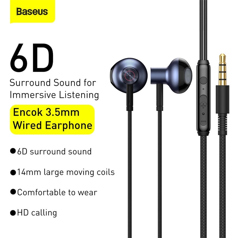 Tai Nghe Có Dây Baseus H19 Jack 3.5mm | Âm Thanh Vòm 6D Sống Động, Có Mic