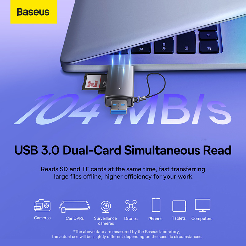 Đầu Đọc Thẻ Nhớ SD/TF Baseus Lite | Vỏ Kim Loại, Có Nắp Chống Bụi & Đèn Báo, Cổng USB & Type-C