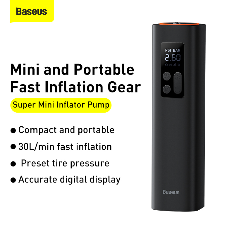 Máy Bơm Lốp Ô Tô Mini Baseus | Bơm Nhanh 15s, Tự Ngắt Áp Suất, Màn Hình LED, Kèm Đầu Nối