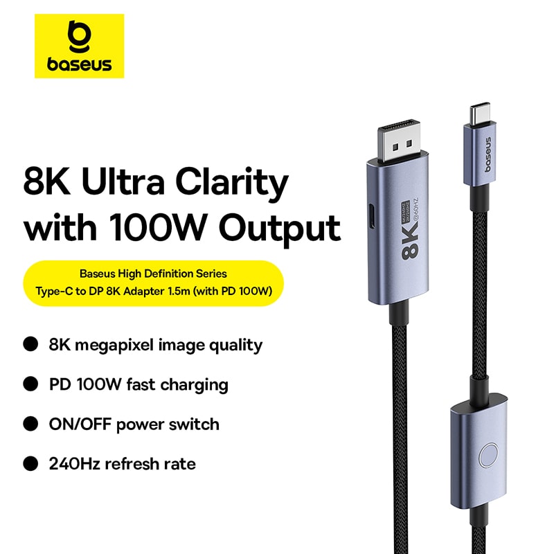 Cáp Xuất Hình Baseus High Definition Type-C to DP 8K | Chuyên Đồ Họa & Gaming 240Hz, Sạc Nhanh 100W
