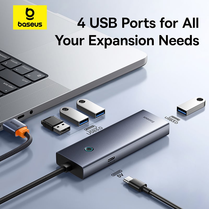 Hub Chia Cổng Baseus UltraJoy 4 Cổng USB 3.0 | Tốc Độ 5Gbps, Hỗ Trợ Nguồn Phụ Type-C