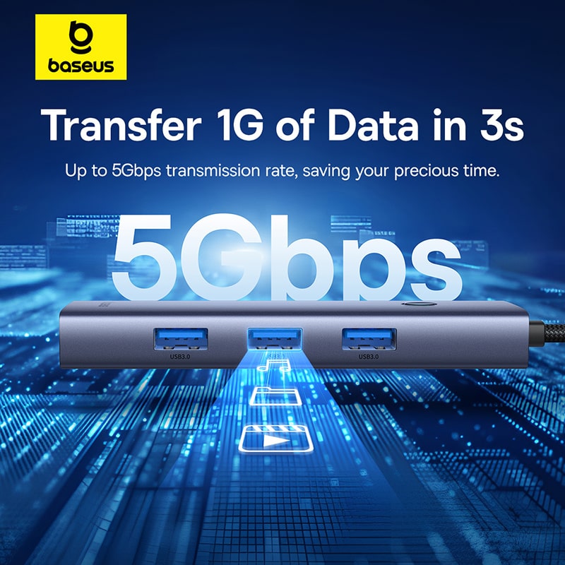Hub Chia Cổng Baseus UltraJoy 4 Cổng USB 3.0 | Tốc Độ 5Gbps, Hỗ Trợ Nguồn Phụ Type-C