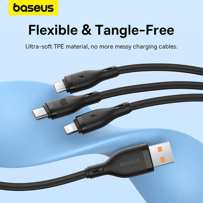 Cáp Sạc Nhanh Baseus Pudding 3 trong 1 USB to M+L+C 100W | Siêu Tốc 100W, Cân Mọi Thiết Bị