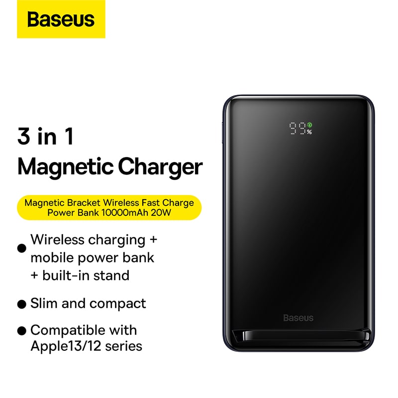 Pin Sạc Dự Phòng Baseus Magnetic 10000mAh | 3 trong 1 Kèm Chân Chống, Sạc Không Dây & PD 20W