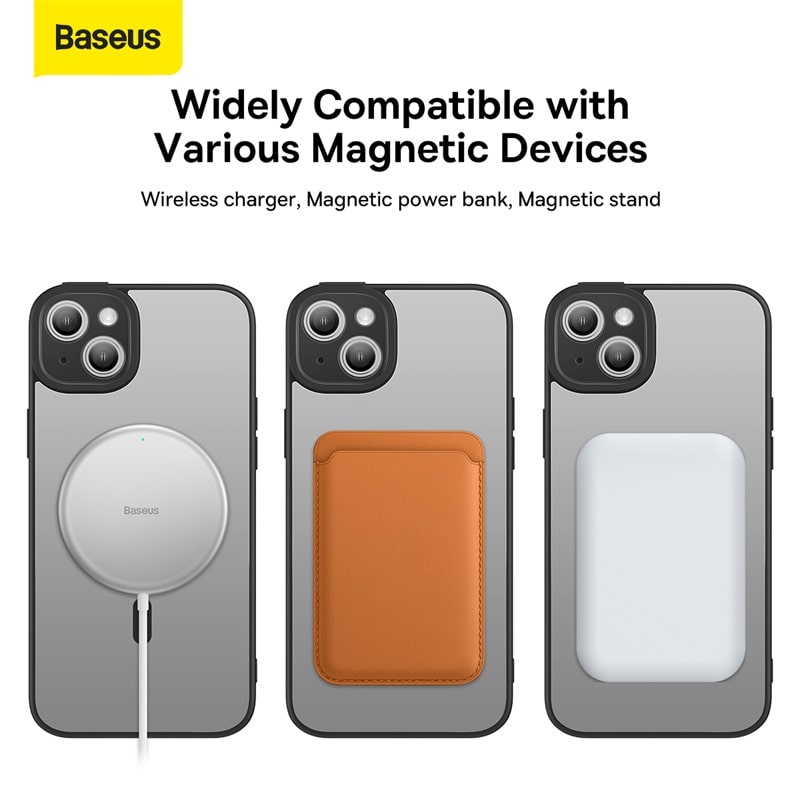 Ốp Lưng Baseus iP14 Magnetic Frame Series | Chống Ố Vàng, Kèm Kính Cường Lực, Viền Đen
