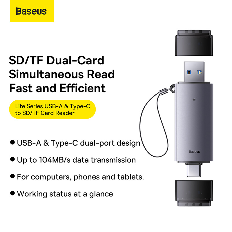 Đầu Đọc Thẻ Nhớ SD/TF Baseus Lite | Vỏ Kim Loại, Có Nắp Chống Bụi & Đèn Báo, Cổng USB & Type-C
