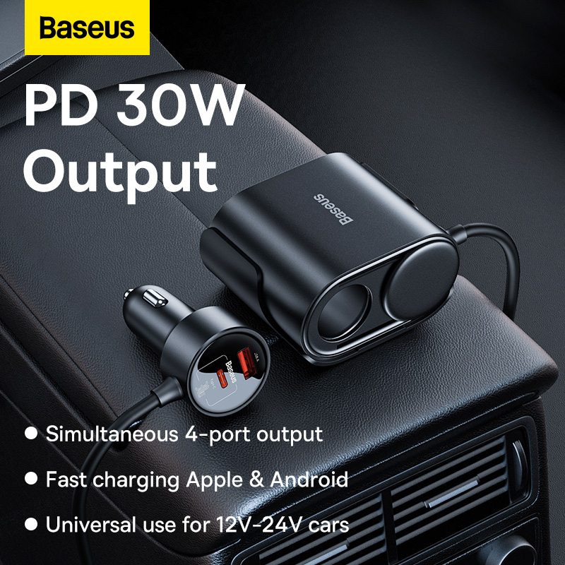 Tẩu Sạc Baseus 4 trong 1 Cho Ô Tô | Sạc Nhanh PD 30W, Mở Rộng Ra Ghế Sau