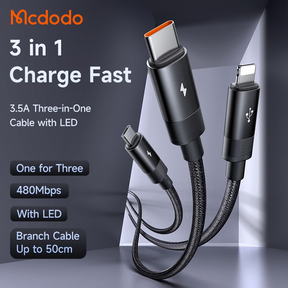 Cáp Sạc Nhanh Mcdodo 3A 3 trong 1 | Cáp USB to M+L+C Tiện Lợi, Chính Hãng