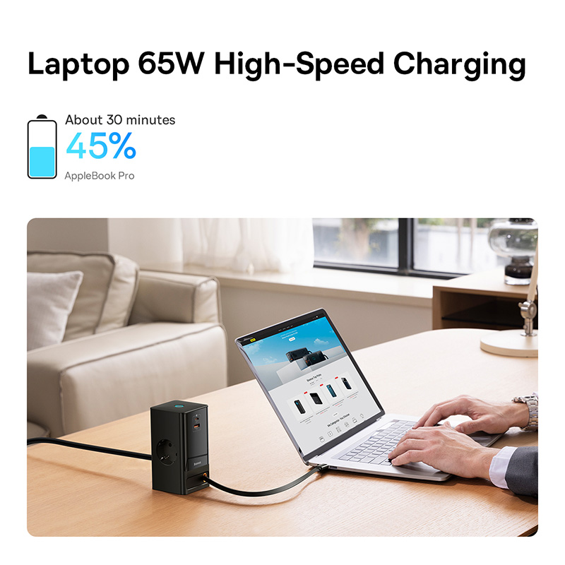 Trạm Sạc GaN Baseus 65W PowerCombo | 2AC + Type-C + USB, Kèm Cáp Rút 65W