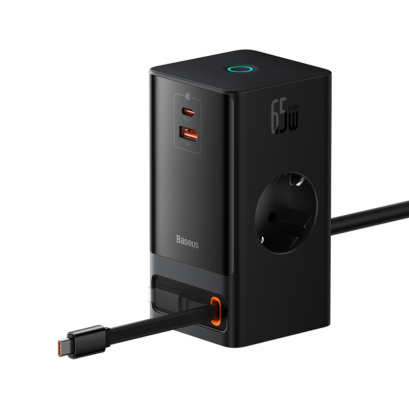 Trạm Sạc GaN Baseus 65W PowerCombo | 2AC + Type-C + USB, Kèm Cáp Rút 65W