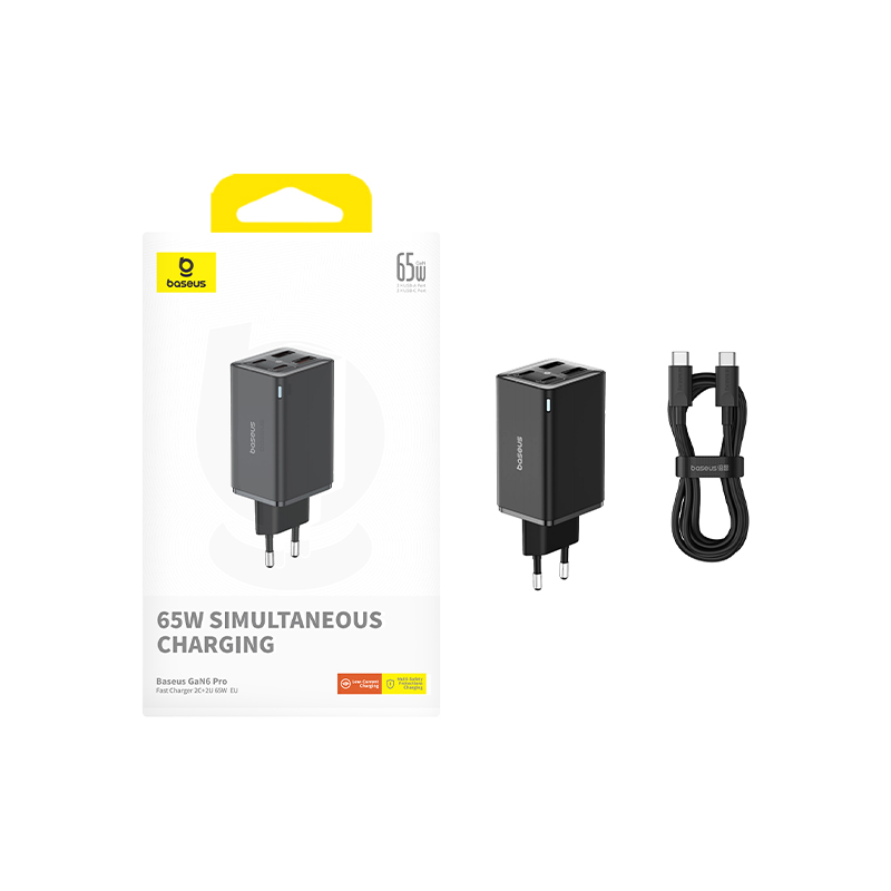 Cốc Sạc Baseus GaN6 Pro 65W 4 Cổng | 2 Type-C + 2USB, Sạc Nhanh Điện Thoại, BPS 3.0, Kèm Cáp 100W