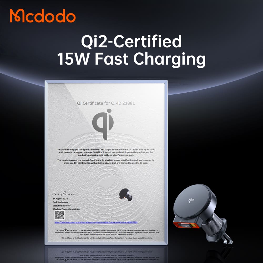Giá Đỡ Ô Tô Mcdodo MagQ Qi2 Kèm Dây Tự Rút Gọn | Sạc Không Dây 15W, Chứng Nhận Qi2