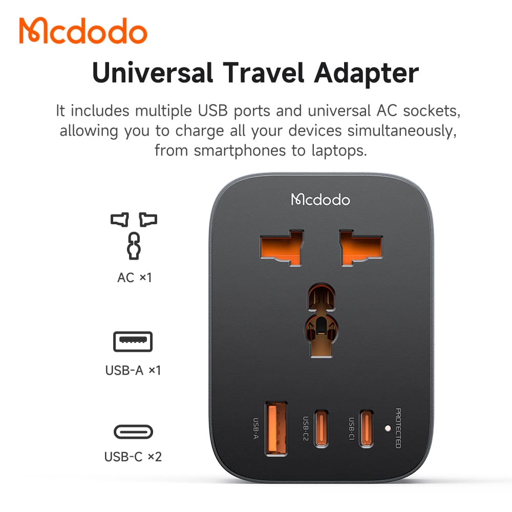 Phích Cắm Chuyển Đổi Du Lịch Mcdodo | Kiêm Sạc 20W, 3 Cổng (1 USB & 2 Type-C)