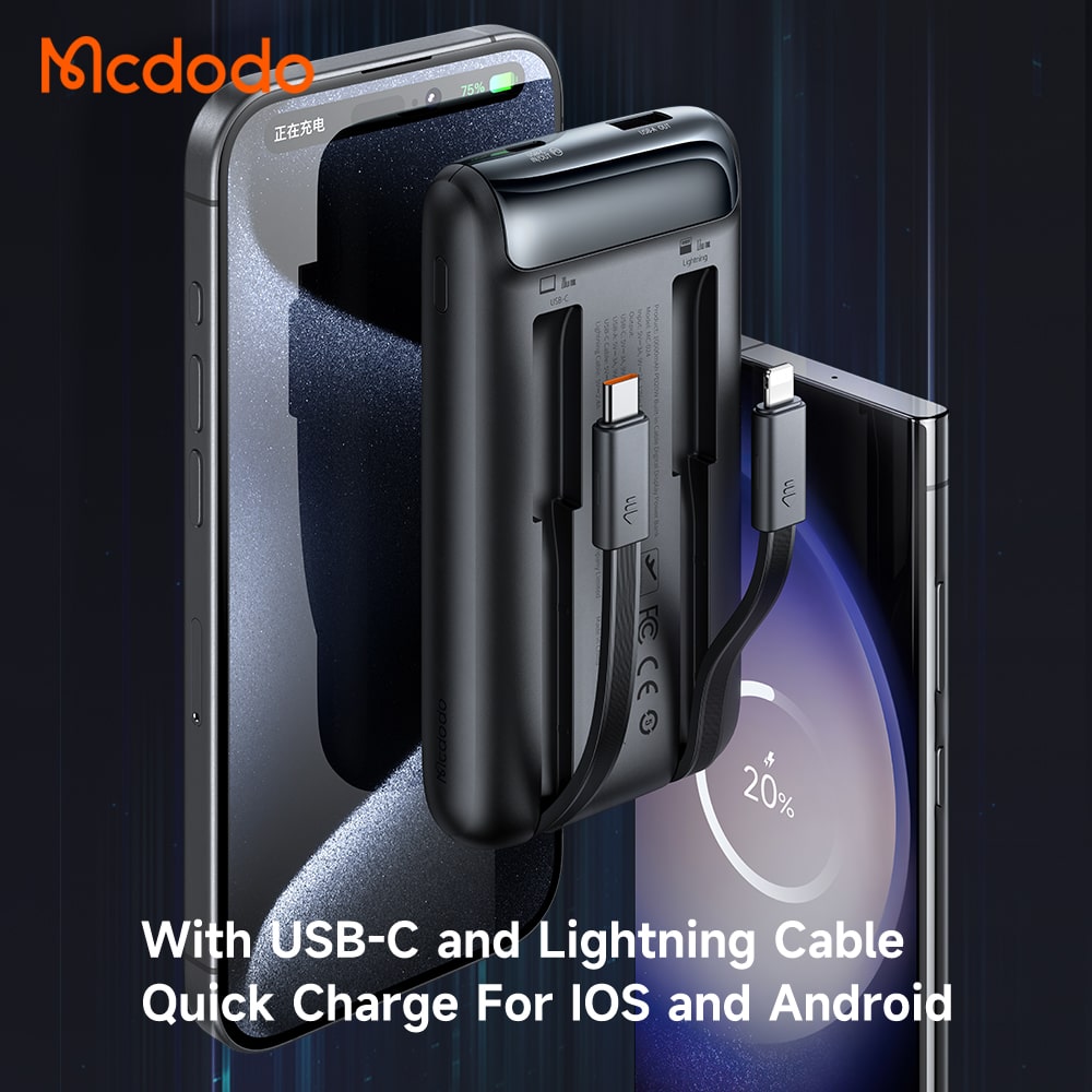 Pin Sạc Dự Phòng Mcdodo 10000mAh | Tích Hợp Sẵn Cáp Type-C & Ln, Màn Hình LED