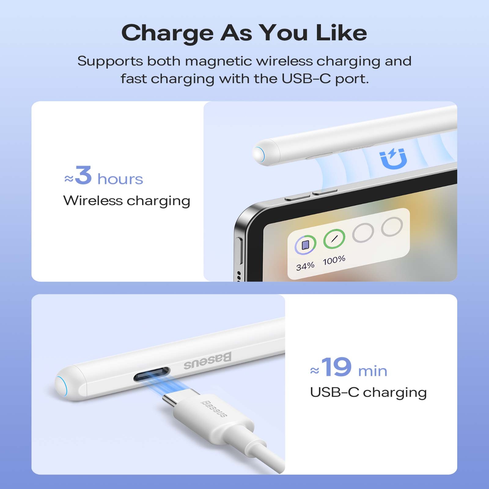 Bút Cảm Ứng Sạc  2 Chế Độ Baseus Smooth Writing 2 Series Dual Charging Stylus, White (Active Version Wireless/Cabled Charging, with Simple Series Data Cable White and active pen tip)