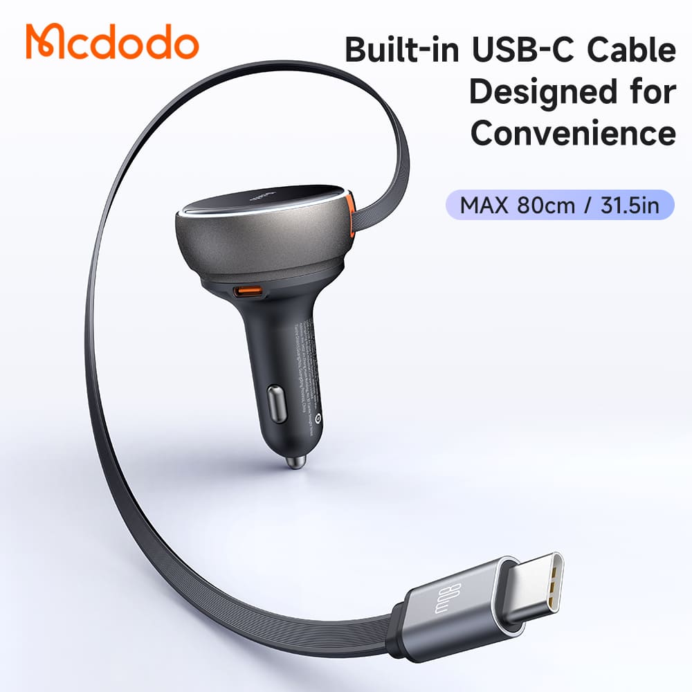 Tẩu Sạc Mcdodo FreeGo 80W Kèm Cáp Rút | 3 Cổng Sạc Gồm Type-C + USB và Cáp Type-C