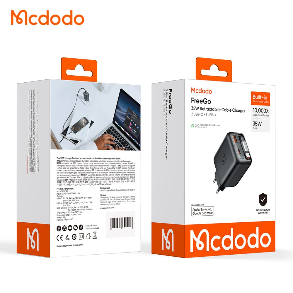 Cốc Sạc Nhanh Mcdodo FreeGo 35W GaN | Tích Hợp Dây Rút Gọn Type-C, Sạc Cùng Lúc 3 Thiết Bị