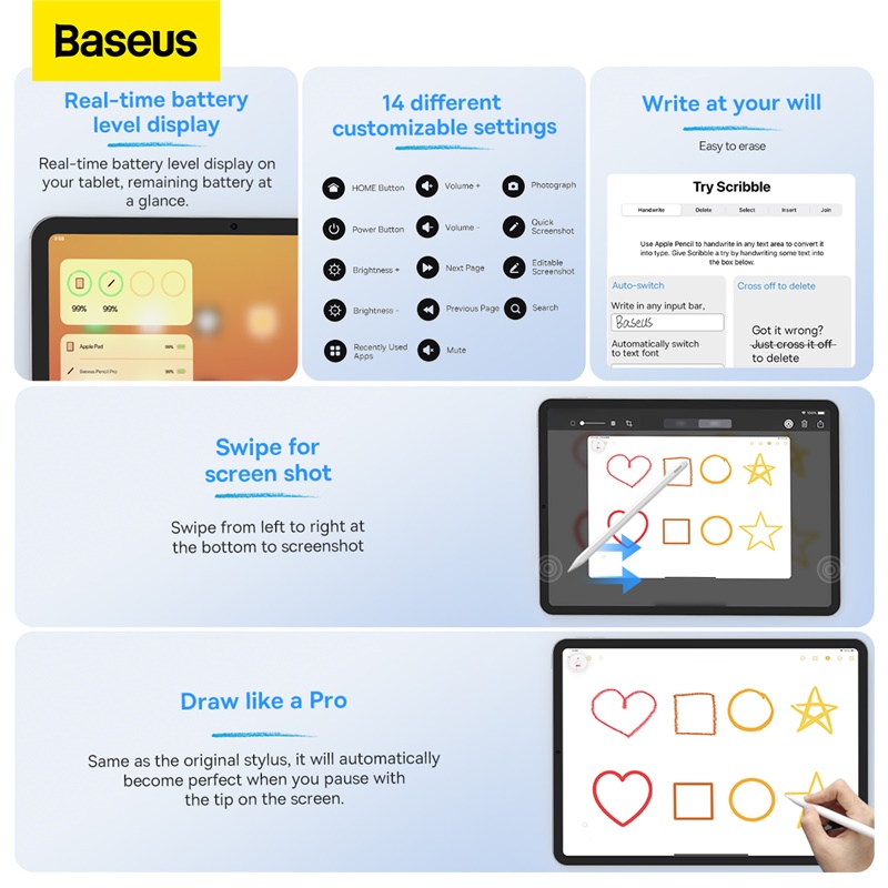 Bút Cảm Ứng Baseus Smooth Writing | Sạc Hít Nam Châm, Tỳ Tay, Hiển Thị Pin, 3 Phiên Bản